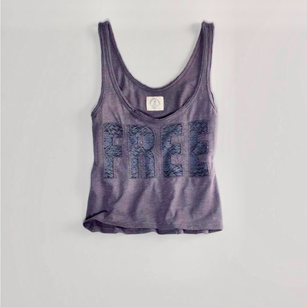 American Eagle gray boho embroidered “Free” cropped tank top